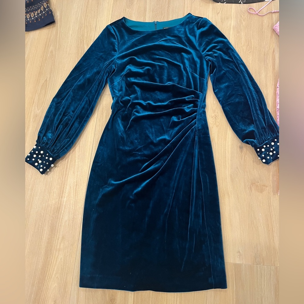 Petite velvet blue wedding guest dress